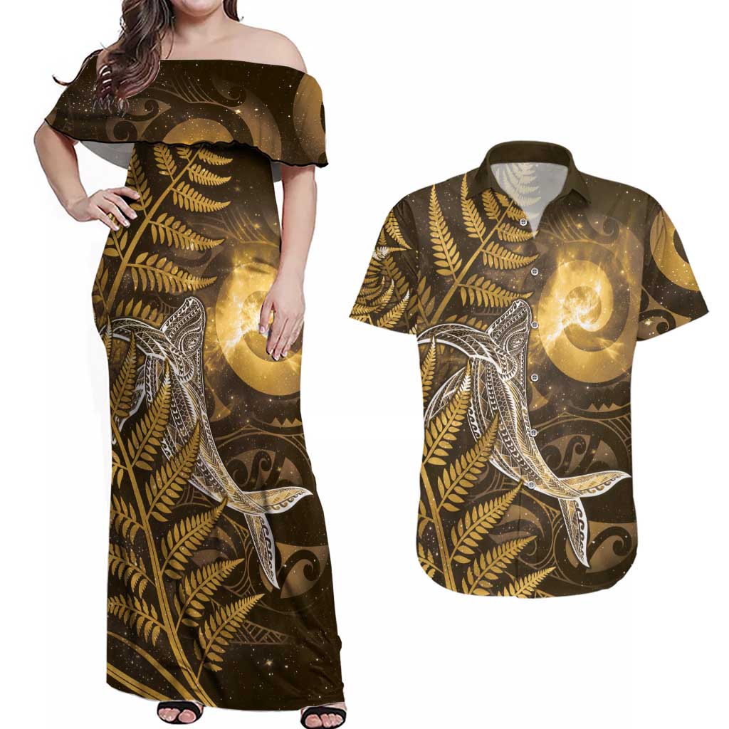 New Zealand Matariki Couples Matching Off Shoulder Maxi Dress and Hawaiian Shirt Maori Koru With Humpback Whale Gold LT05 Gold - Polynesian Pride