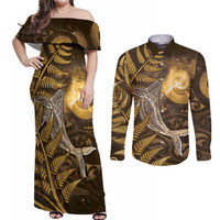 New Zealand Matariki Couples Matching Off Shoulder Maxi Dress and Long Sleeve Button Shirt Maori Koru With Humpback Whale Gold