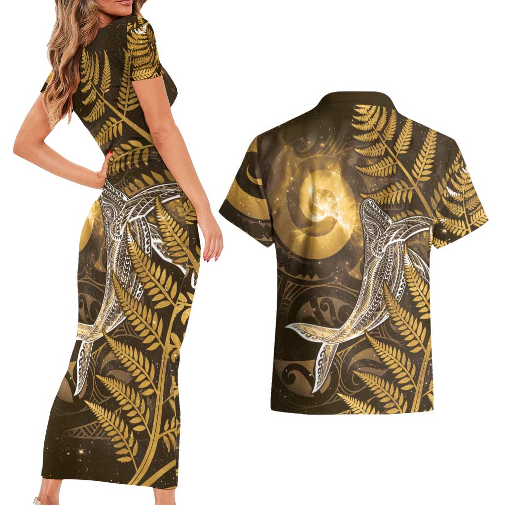 New Zealand Matariki Couples Matching Short Sleeve Bodycon Dress and Hawaiian Shirt Maori Koru With Humpback Whale Gold