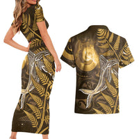 New Zealand Matariki Couples Matching Short Sleeve Bodycon Dress and Hawaiian Shirt Maori Koru With Humpback Whale Gold