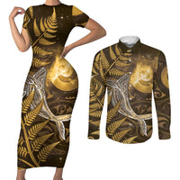 New Zealand Matariki Couples Matching Short Sleeve Bodycon Dress and Long Sleeve Button Shirt Maori Koru With Humpback Whale Gold