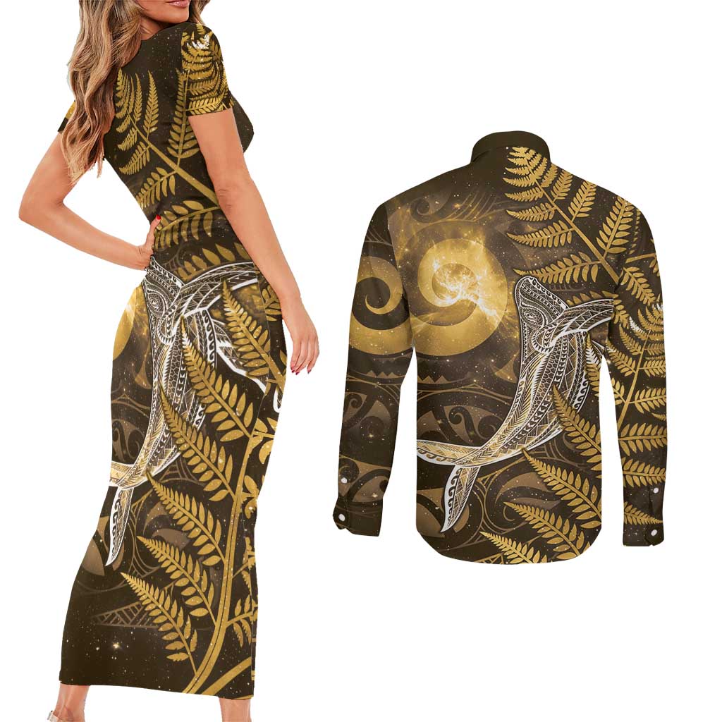 New Zealand Matariki Couples Matching Short Sleeve Bodycon Dress and Long Sleeve Button Shirt Maori Koru With Humpback Whale Gold