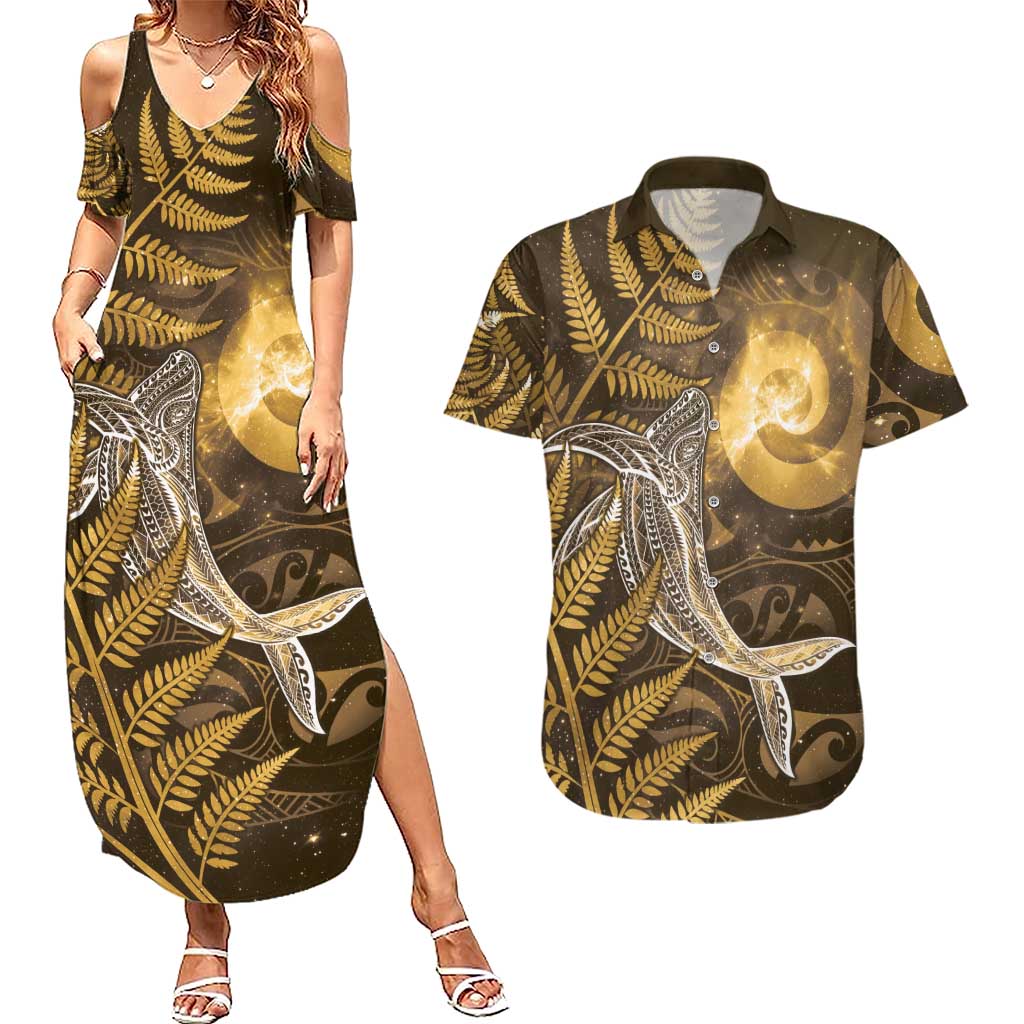 New Zealand Matariki Couples Matching Summer Maxi Dress and Hawaiian Shirt Maori Koru With Humpback Whale Gold LT05 Gold - Polynesian Pride