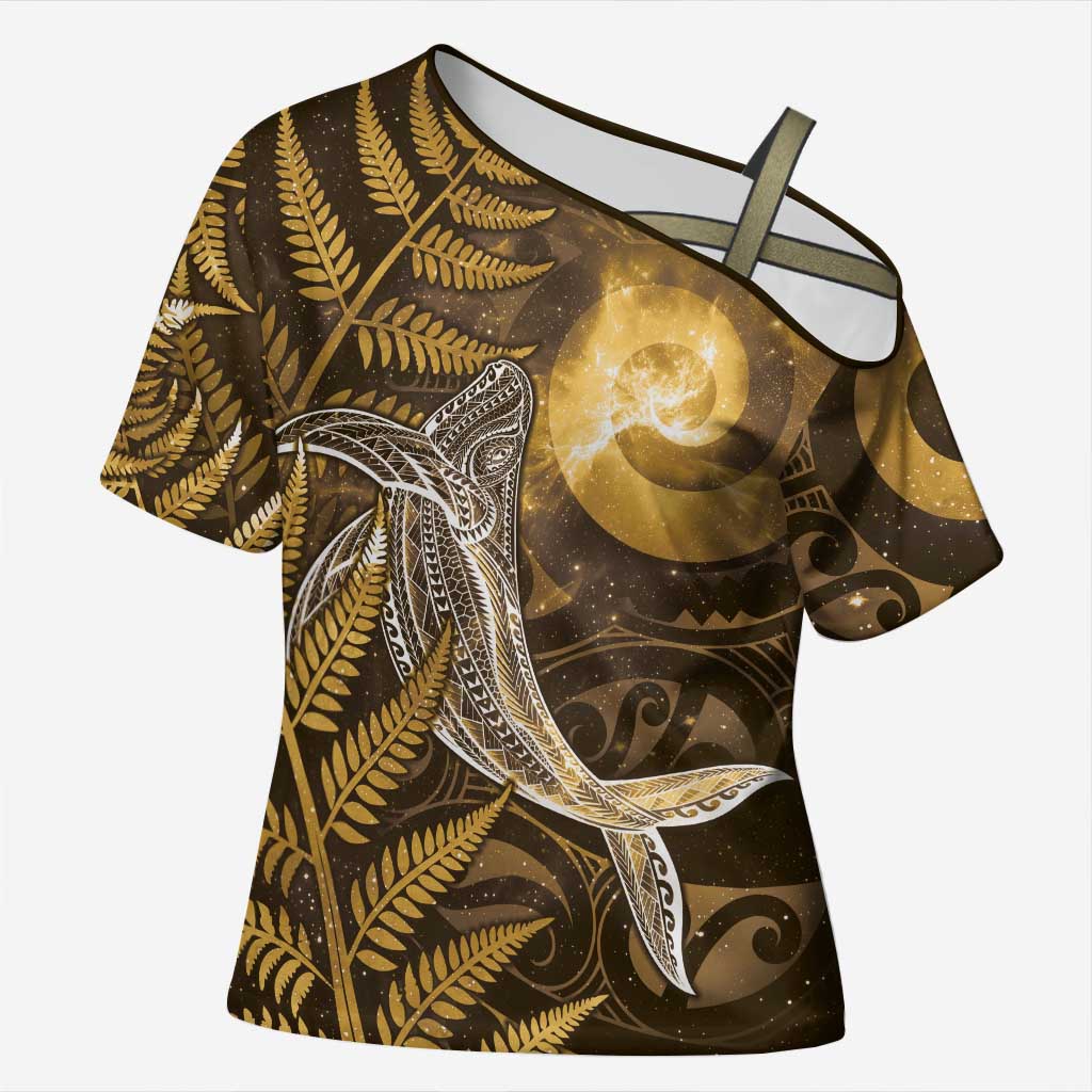 New Zealand Matariki Cross Shoulder Shirt Maori Koru With Humpback Whale Gold