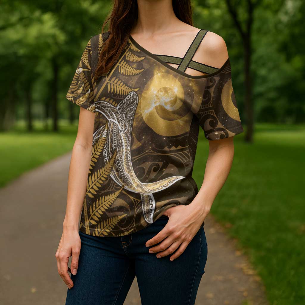 New Zealand Matariki Cross Shoulder Shirt Maori Koru With Humpback Whale Gold