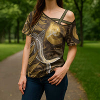 New Zealand Matariki Cross Shoulder Shirt Maori Koru With Humpback Whale Gold
