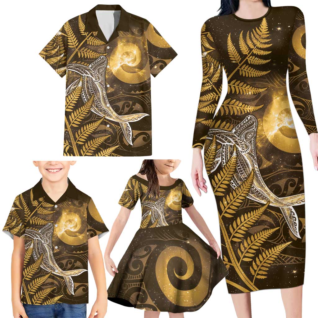 New Zealand Matariki Family Matching Long Sleeve Bodycon Dress and Hawaiian Shirt Maori Koru With Humpback Whale Gold LT05 - Polynesian Pride