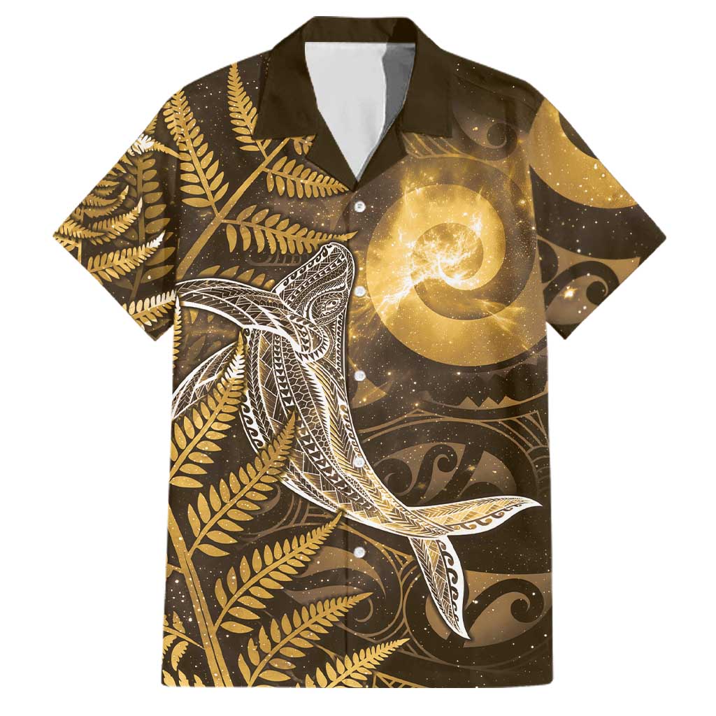 New Zealand Matariki Family Matching Off Shoulder Short Dress and Hawaiian Shirt Maori Koru With Humpback Whale Gold
