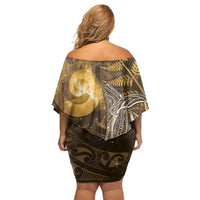 New Zealand Matariki Family Matching Off Shoulder Short Dress and Hawaiian Shirt Maori Koru With Humpback Whale Gold