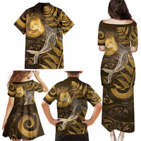 New Zealand Matariki Family Matching Puletasi and Hawaiian Shirt Maori Koru With Humpback Whale Gold
