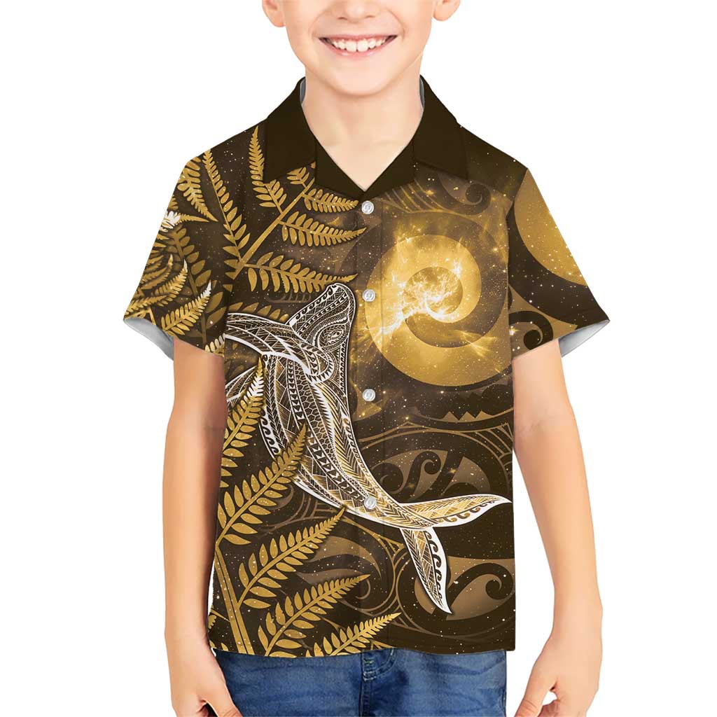 New Zealand Matariki Family Matching Puletasi and Hawaiian Shirt Maori Koru With Humpback Whale Gold