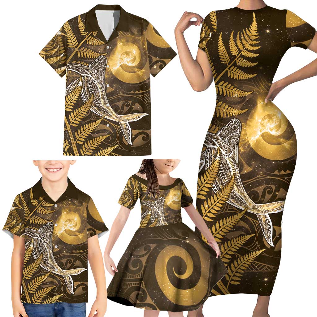 New Zealand Matariki Family Matching Short Sleeve Bodycon Dress and Hawaiian Shirt Maori Koru With Humpback Whale Gold LT05 - Polynesian Pride
