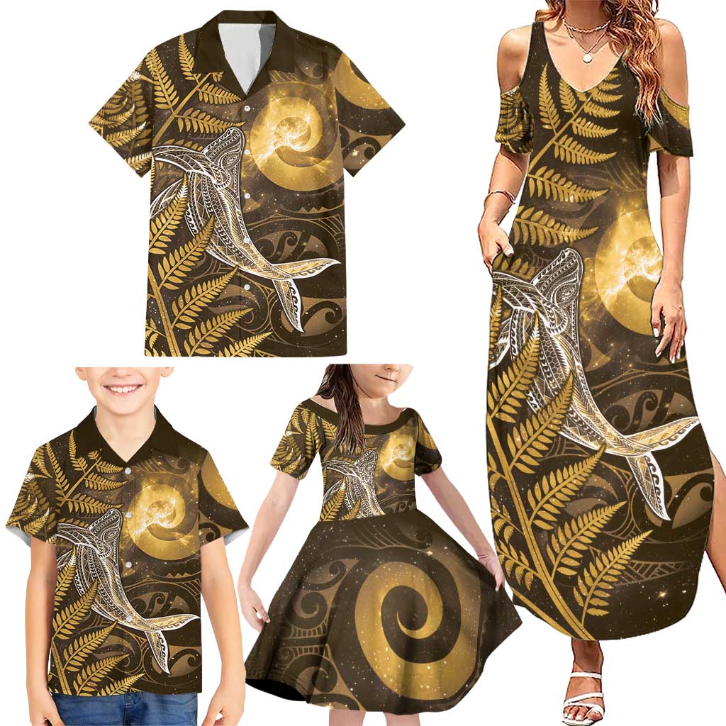 New Zealand Matariki Family Matching Summer Maxi Dress and Hawaiian Shirt Maori Koru With Humpback Whale Gold