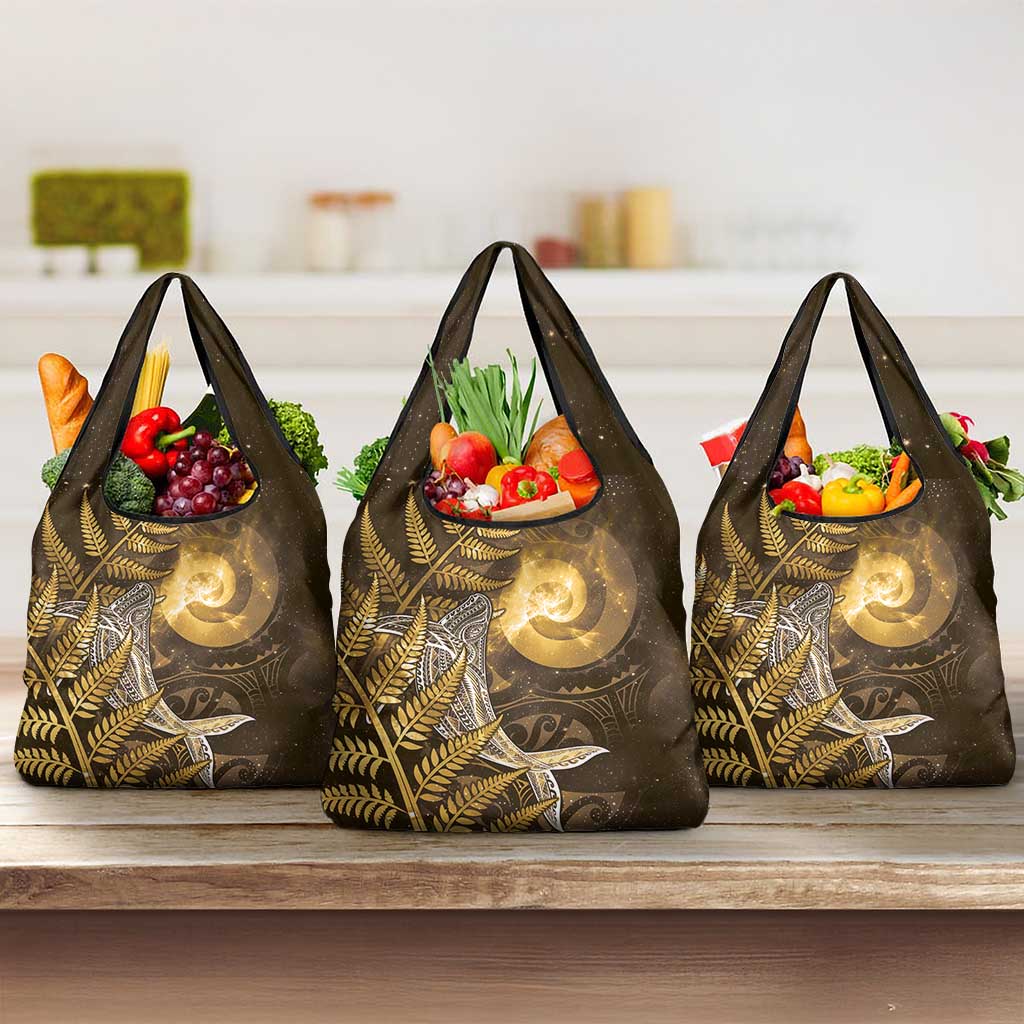 New Zealand Matariki Grocery Bag Maori Koru With Humpback Whale Gold LT05 3-pack One Size Gold - Polynesian Pride