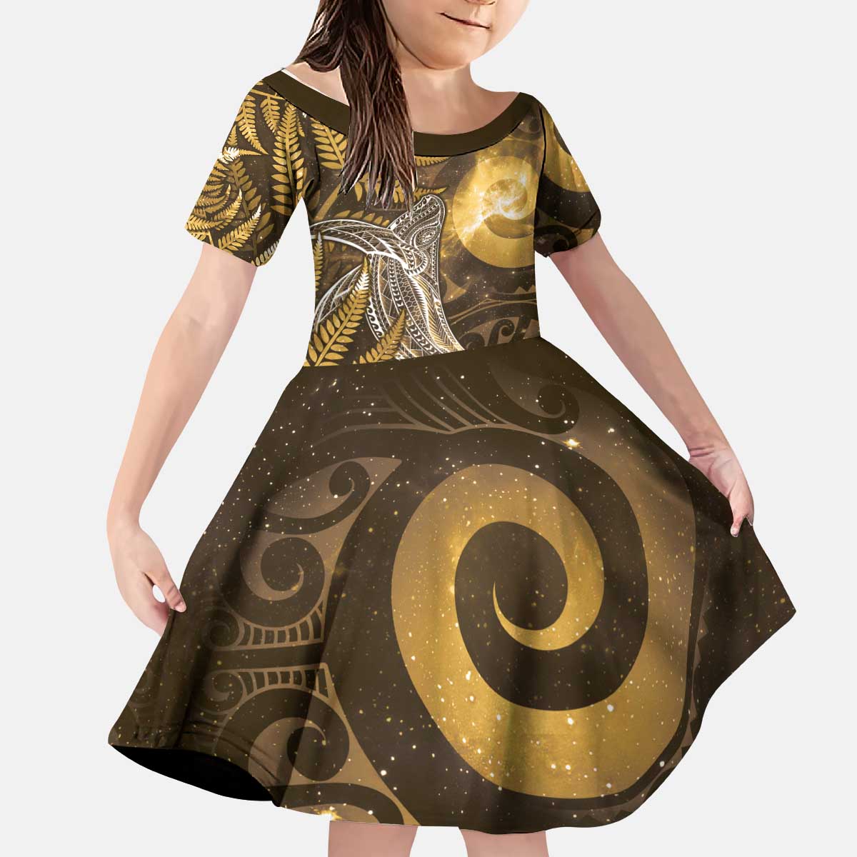 New Zealand Matariki Kid Short Sleeve Dress Maori Koru With Humpback Whale Gold LT05 KID Gold - Polynesian Pride