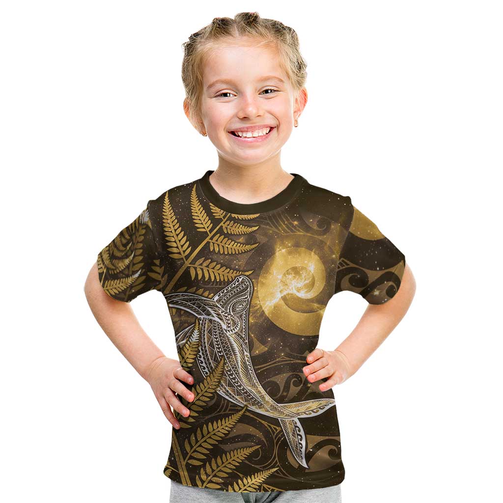 New Zealand Matariki Kid T Shirt Maori Koru With Humpback Whale Gold LT05 Gold - Polynesian Pride
