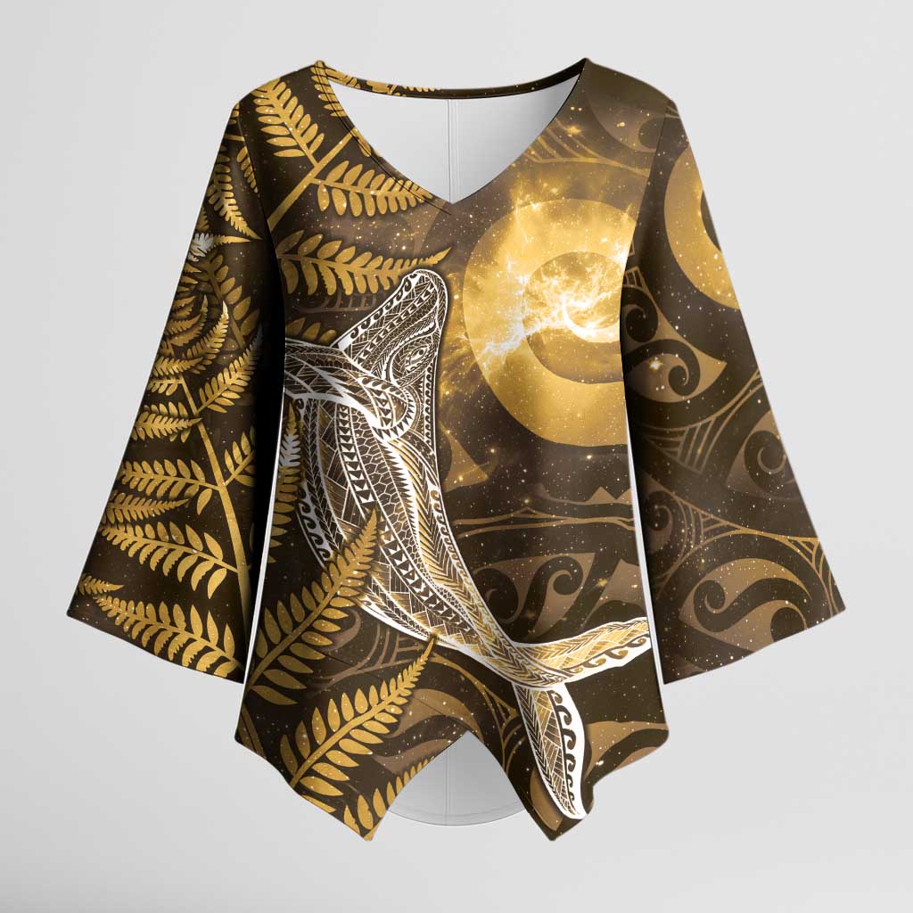 New Zealand Matariki Kimono Sleeve Blouse Maori Koru With Humpback Whale Gold