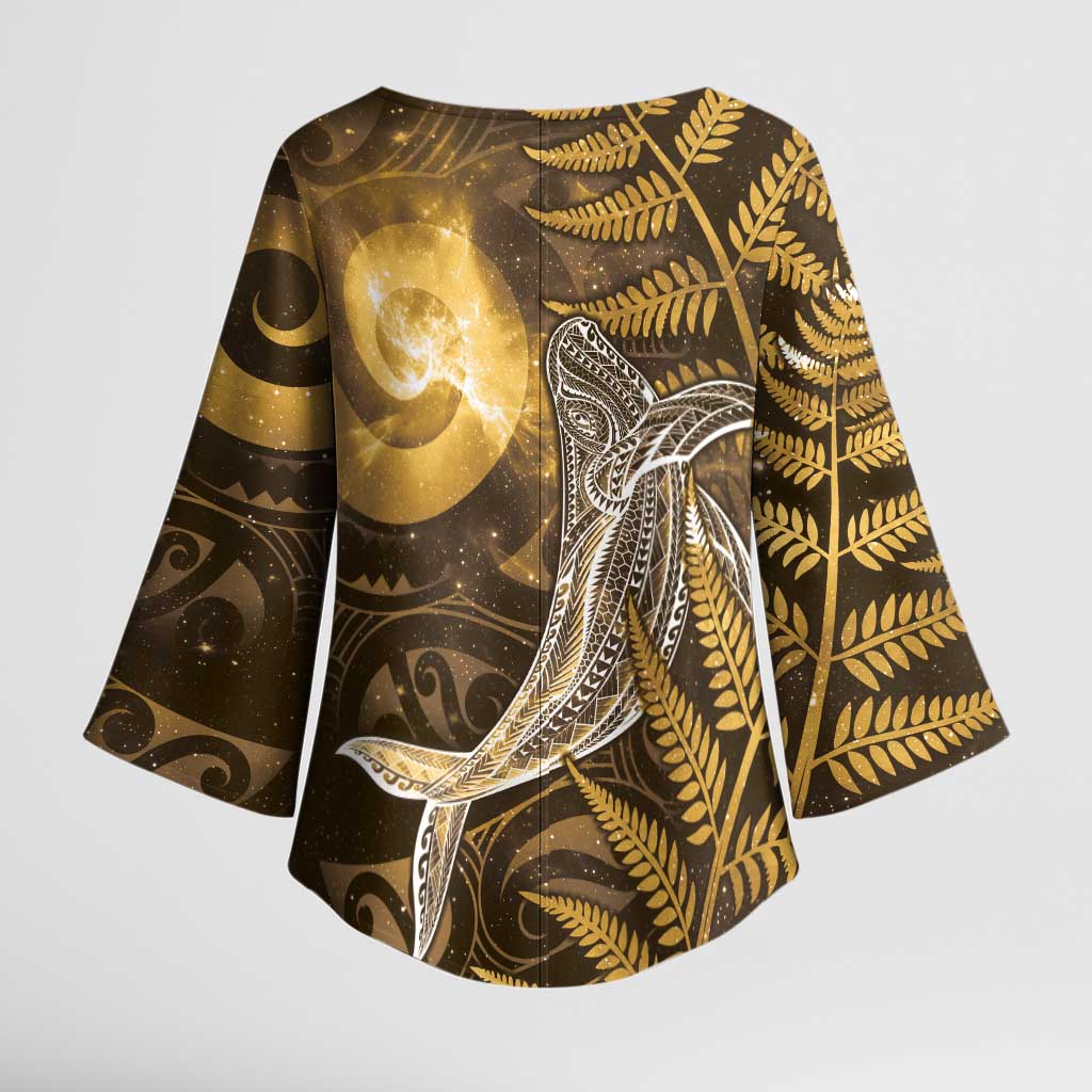 New Zealand Matariki Kimono Sleeve Blouse Maori Koru With Humpback Whale Gold LT05 - Polynesian Pride