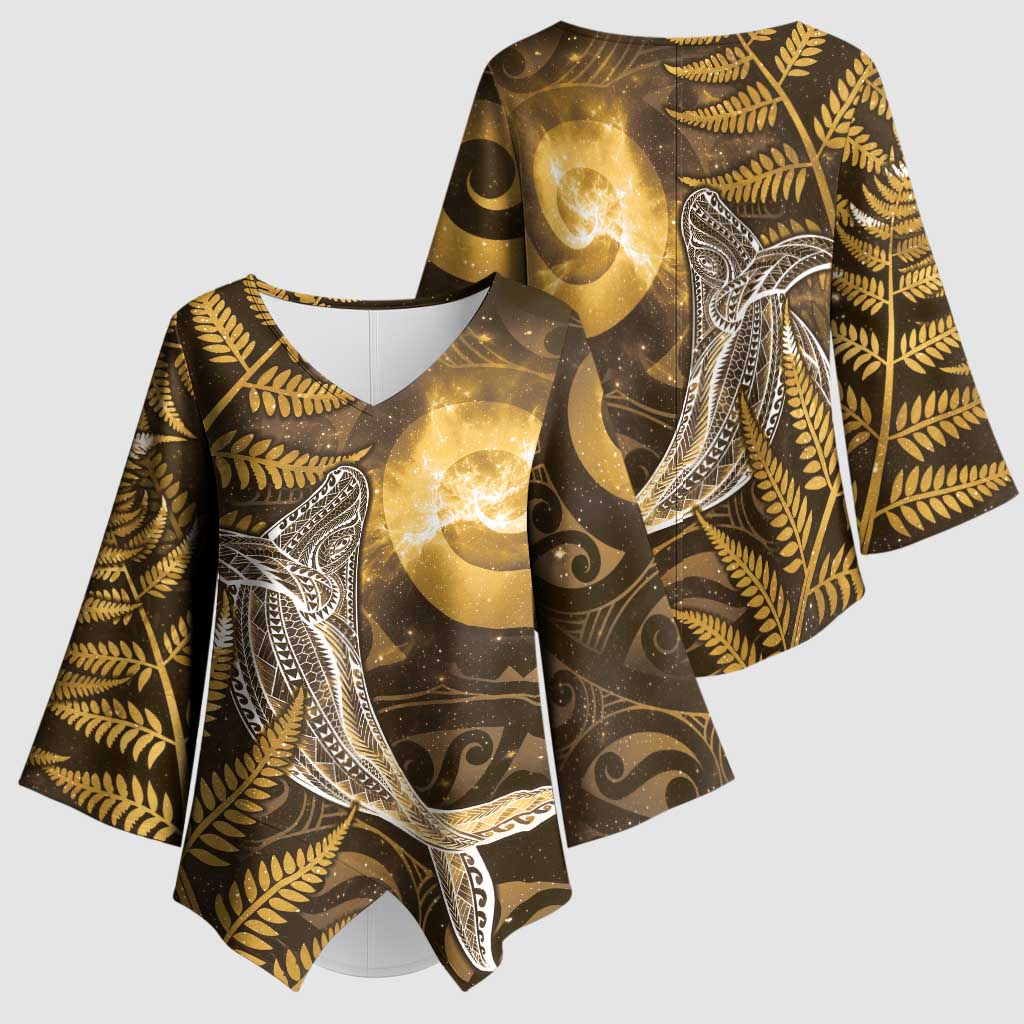 New Zealand Matariki Kimono Sleeve Blouse Maori Koru With Humpback Whale Gold LT05 - Polynesian Pride