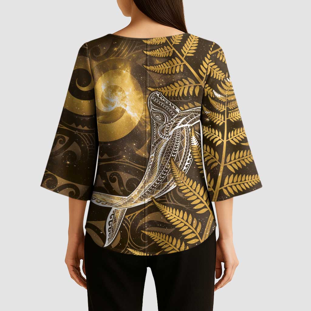 New Zealand Matariki Kimono Sleeve Blouse Maori Koru With Humpback Whale Gold LT05 - Polynesian Pride