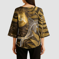 New Zealand Matariki Kimono Sleeve Blouse Maori Koru With Humpback Whale Gold LT05 - Polynesian Pride