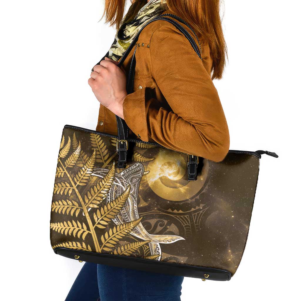 New Zealand Matariki Leather Tote Bag Maori Koru With Humpback Whale Gold LT05 Gold - Polynesian Pride