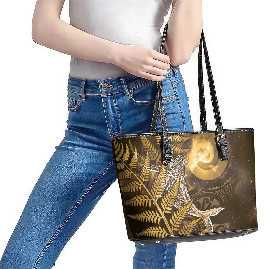 New Zealand Matariki Leather Tote Bag Maori Koru With Humpback Whale Gold