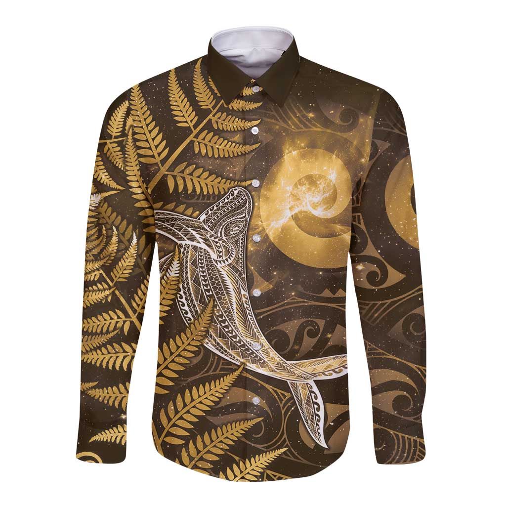 New Zealand Matariki Long Sleeve Button Shirt Maori Koru With Humpback Whale Gold LT05 Unisex Gold - Polynesian Pride