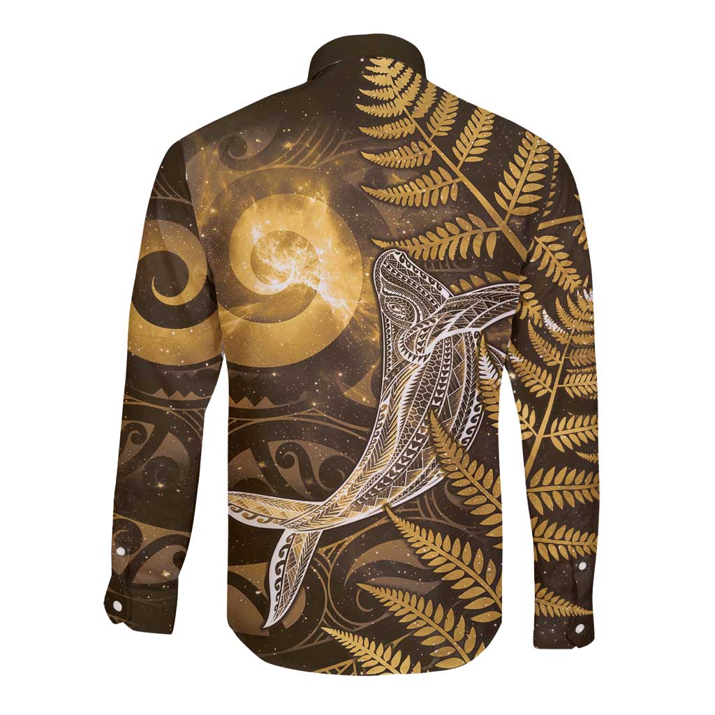 New Zealand Matariki Long Sleeve Button Shirt Maori Koru With Humpback Whale Gold LT05 - Polynesian Pride
