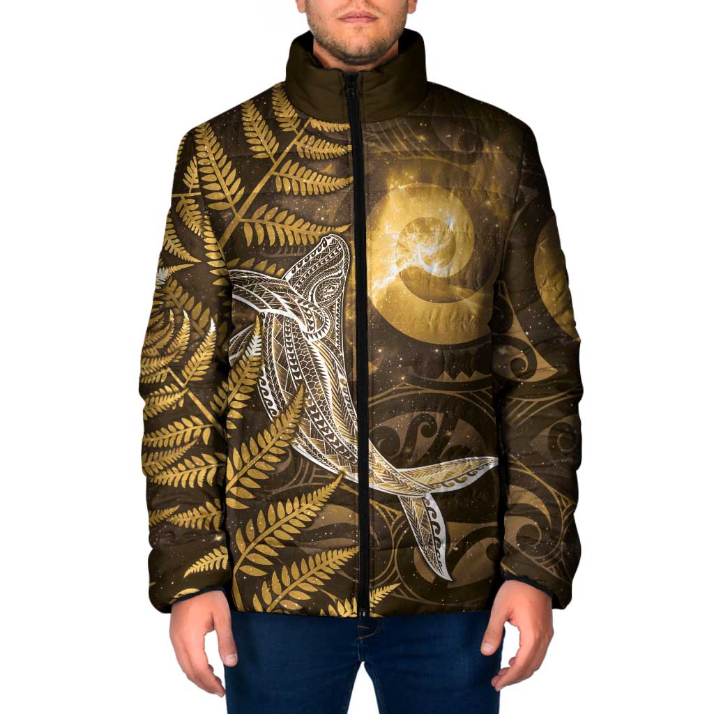 New Zealand Matariki Padded Jacket Maori Koru With Humpback Whale Gold
