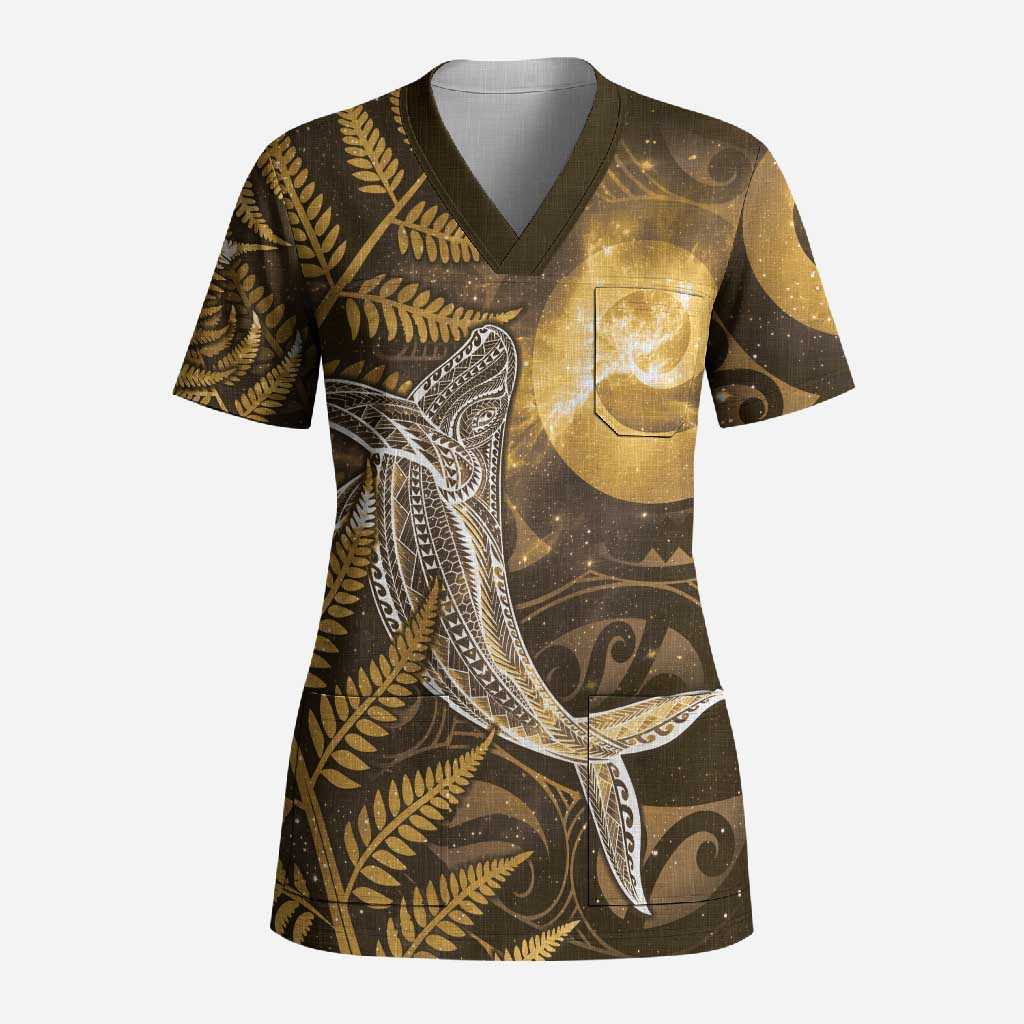 New Zealand Matariki Scrub Top Maori Koru With Humpback Whale Gold