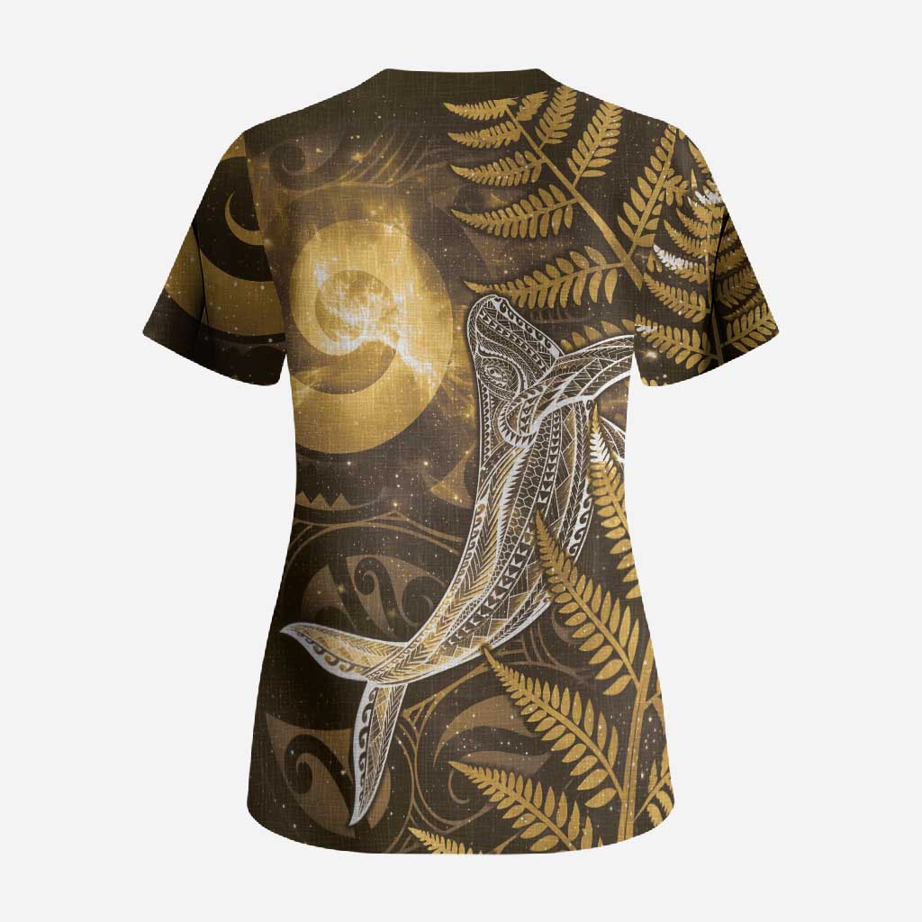 New Zealand Matariki Scrub Top Maori Koru With Humpback Whale Gold LT05 - Polynesian Pride