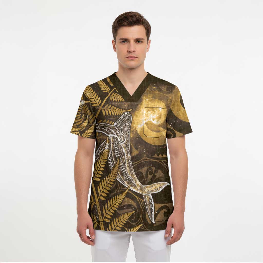 New Zealand Matariki Scrub Top Maori Koru With Humpback Whale Gold LT05 - Polynesian Pride