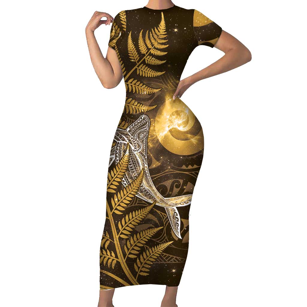 New Zealand Matariki Short Sleeve Bodycon Dress Maori Koru With Humpback Whale Gold LT05 Long Dress Gold - Polynesian Pride