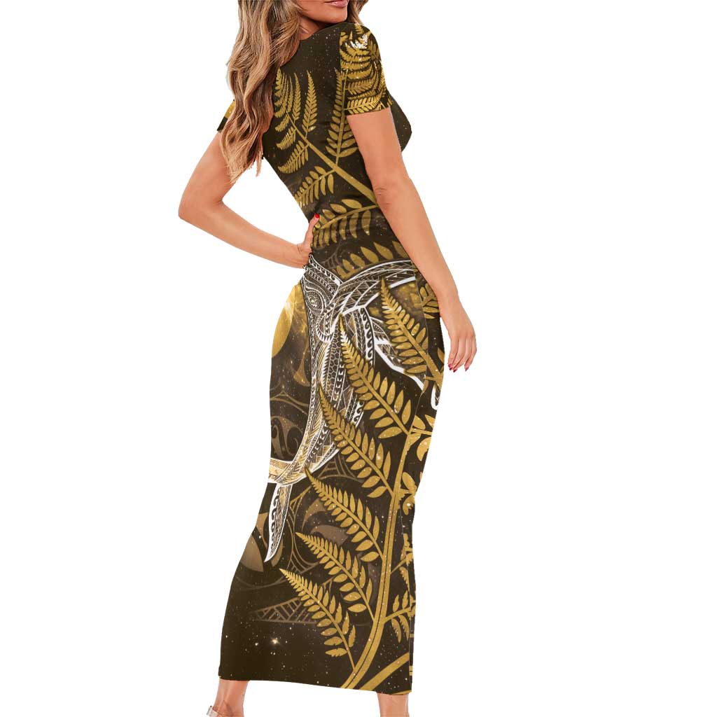 New Zealand Matariki Short Sleeve Bodycon Dress Maori Koru With Humpback Whale Gold