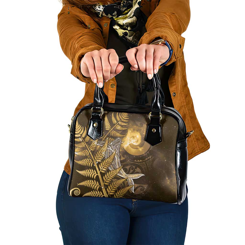 New Zealand Matariki Shoulder Handbag Maori Koru With Humpback Whale Gold