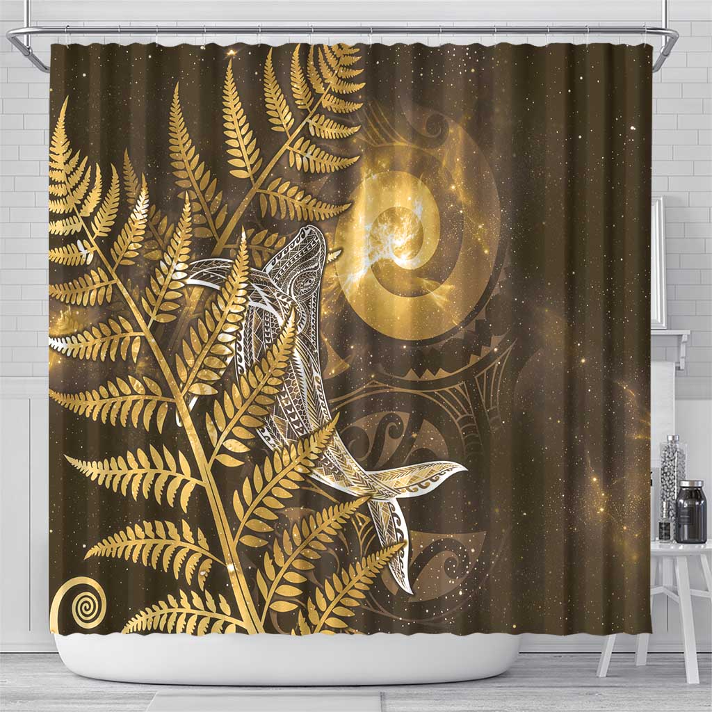 New Zealand Matariki Shower Curtain Maori Koru With Humpback Whale Gold LT05 - Polynesian Pride