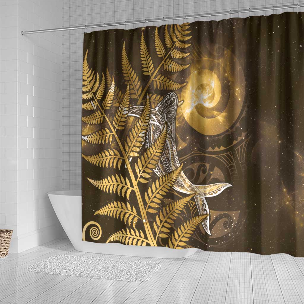 New Zealand Matariki Shower Curtain Maori Koru With Humpback Whale Gold LT05 - Polynesian Pride