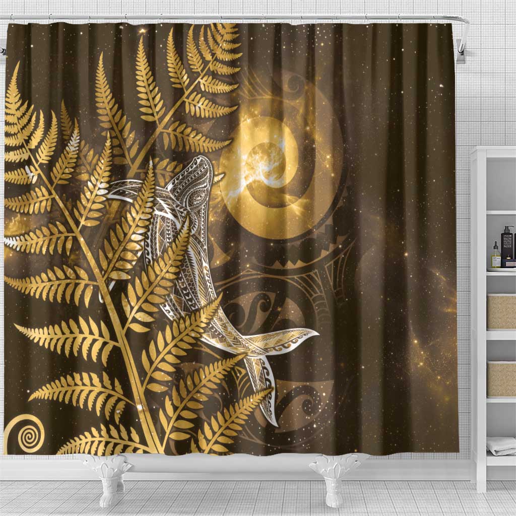New Zealand Matariki Shower Curtain Maori Koru With Humpback Whale Gold LT05 - Polynesian Pride