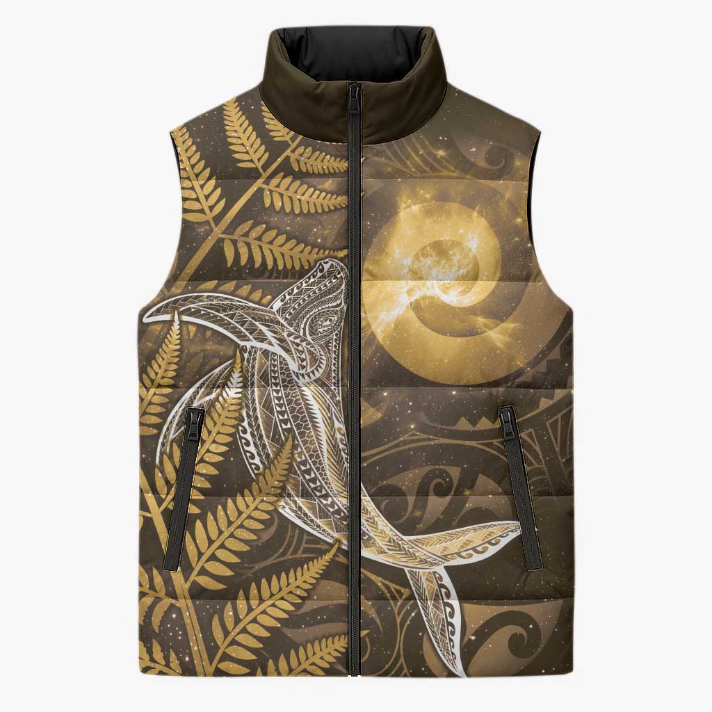 New Zealand Matariki Sleeveless Puffer Jacket Maori Koru With Humpback Whale Gold