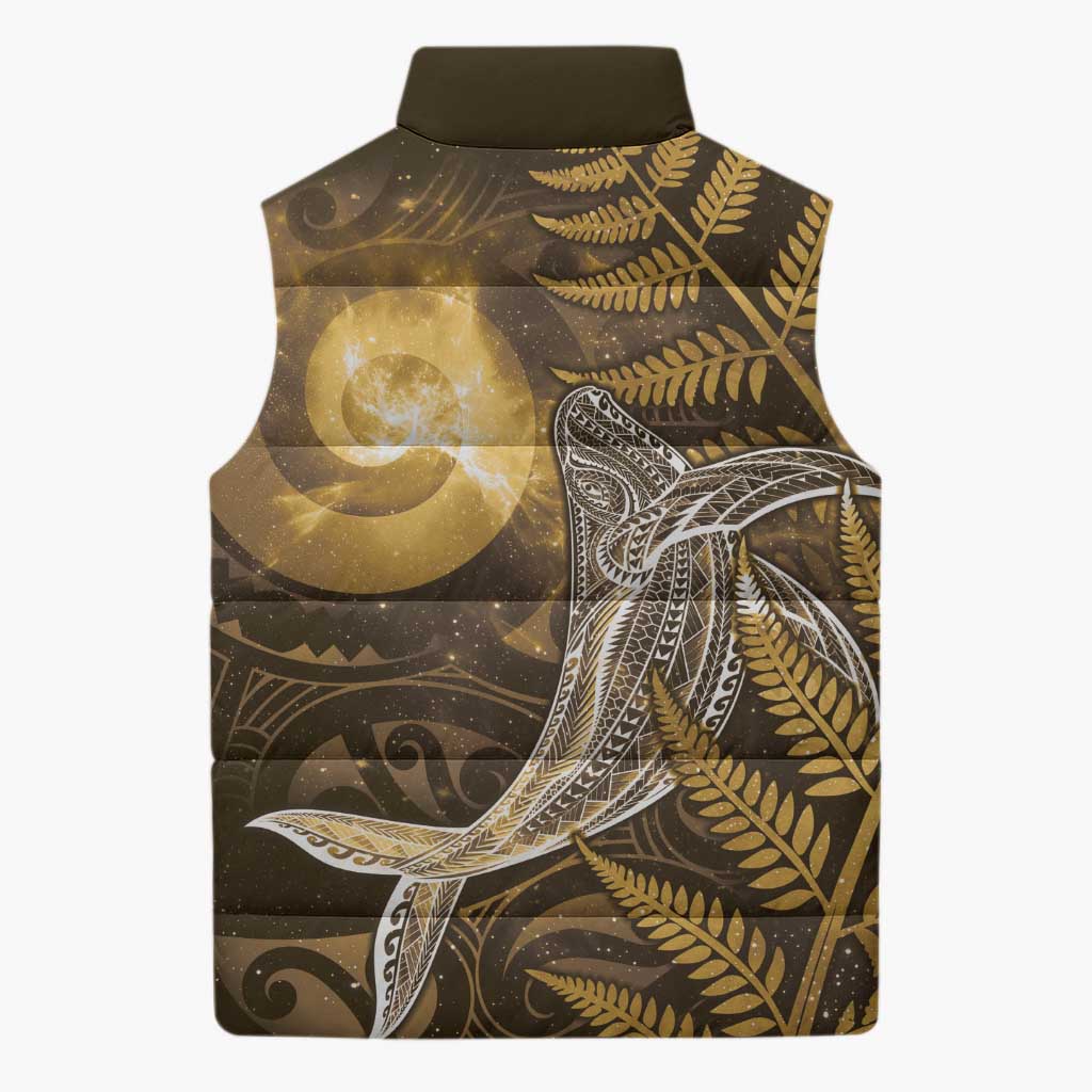 New Zealand Matariki Sleeveless Puffer Jacket Maori Koru With Humpback Whale Gold LT05 - Polynesian Pride