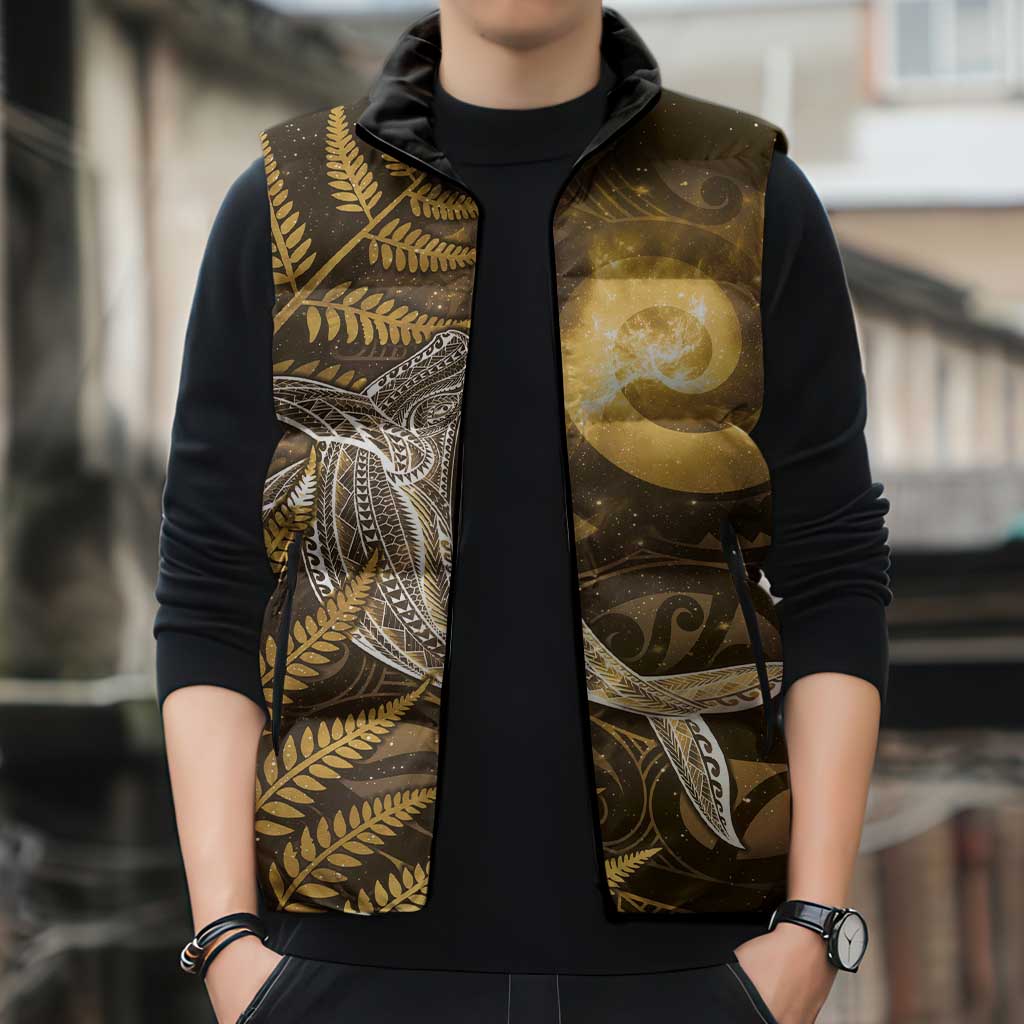 New Zealand Matariki Sleeveless Puffer Jacket Maori Koru With Humpback Whale Gold LT05 - Polynesian Pride
