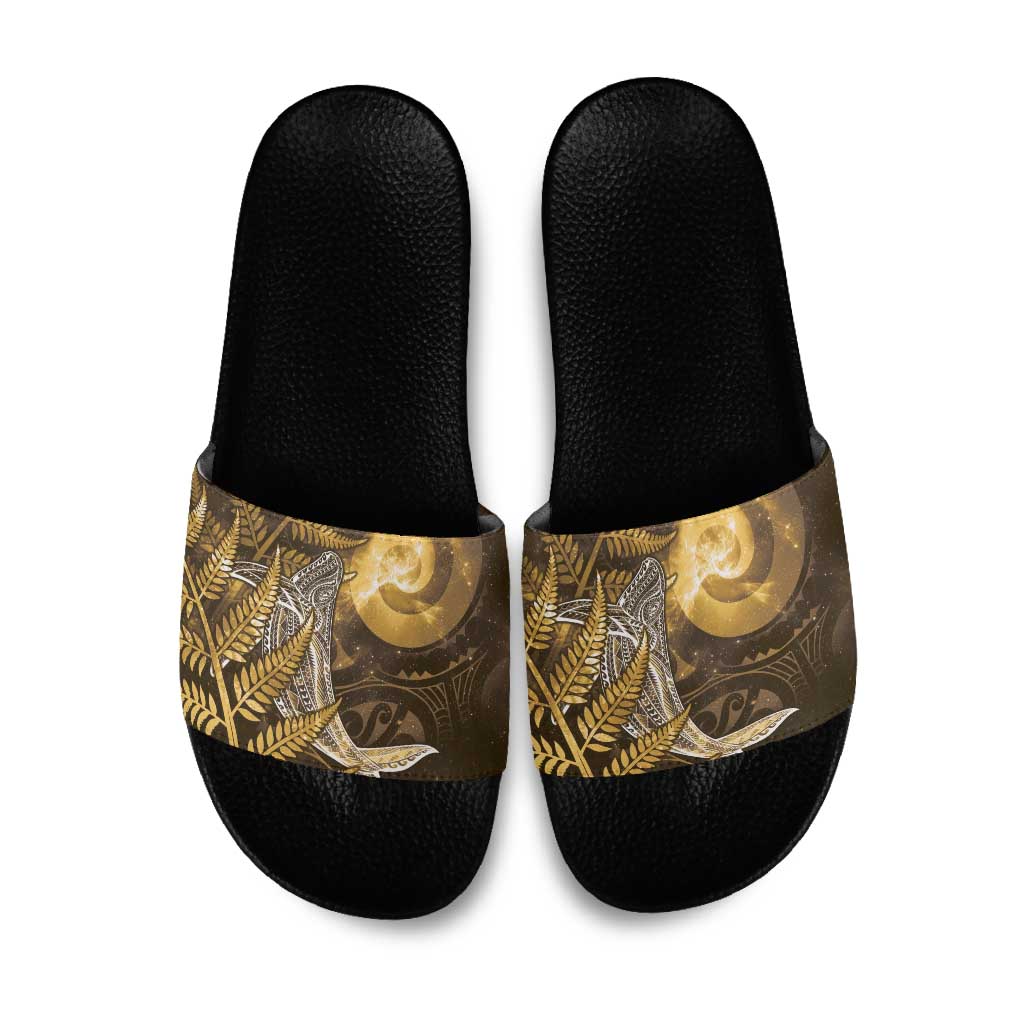 New Zealand Matariki Slide Sandals Maori Koru With Humpback Whale Gold