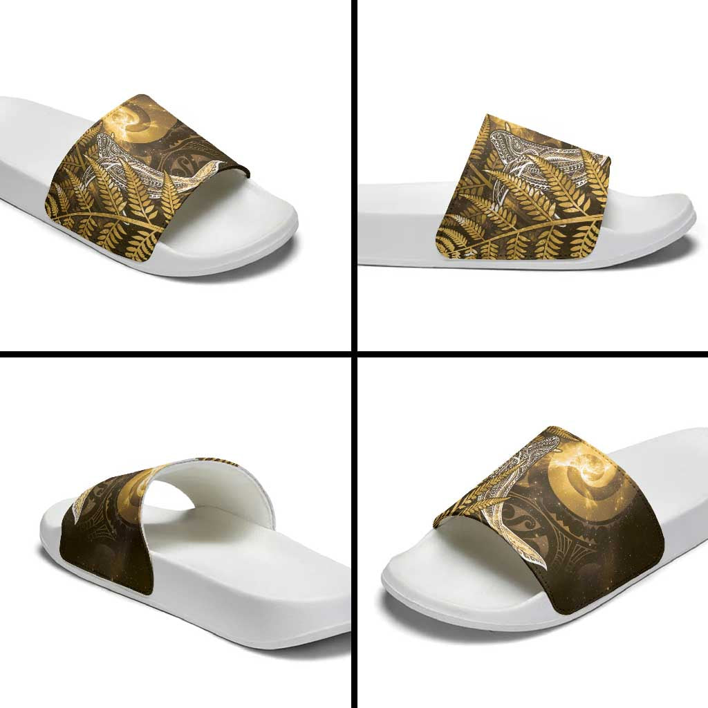 New Zealand Matariki Slide Sandals Maori Koru With Humpback Whale Gold