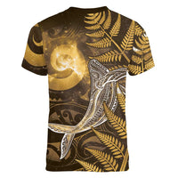 New Zealand Matariki Women V-Neck T-Shirt Maori Koru With Humpback Whale Gold
