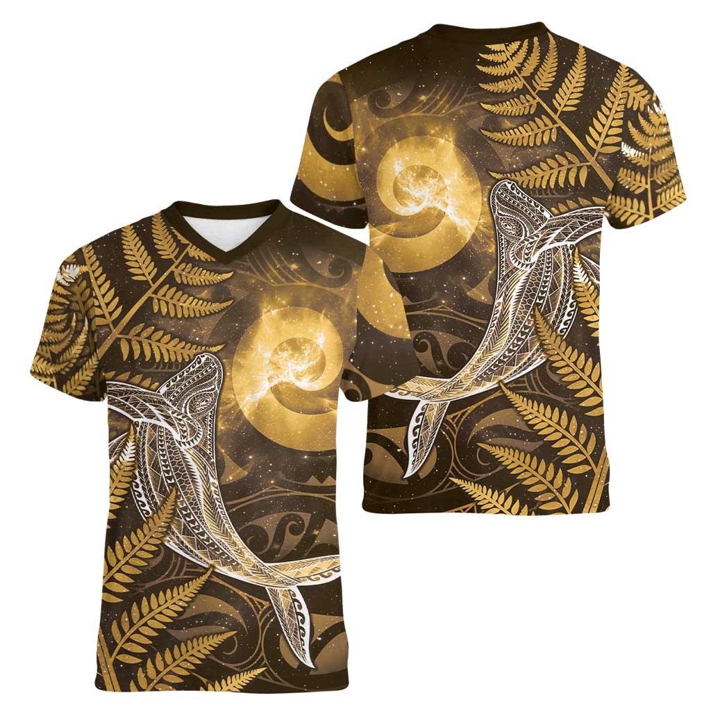 New Zealand Matariki Women V-Neck T-Shirt Maori Koru With Humpback Whale Gold