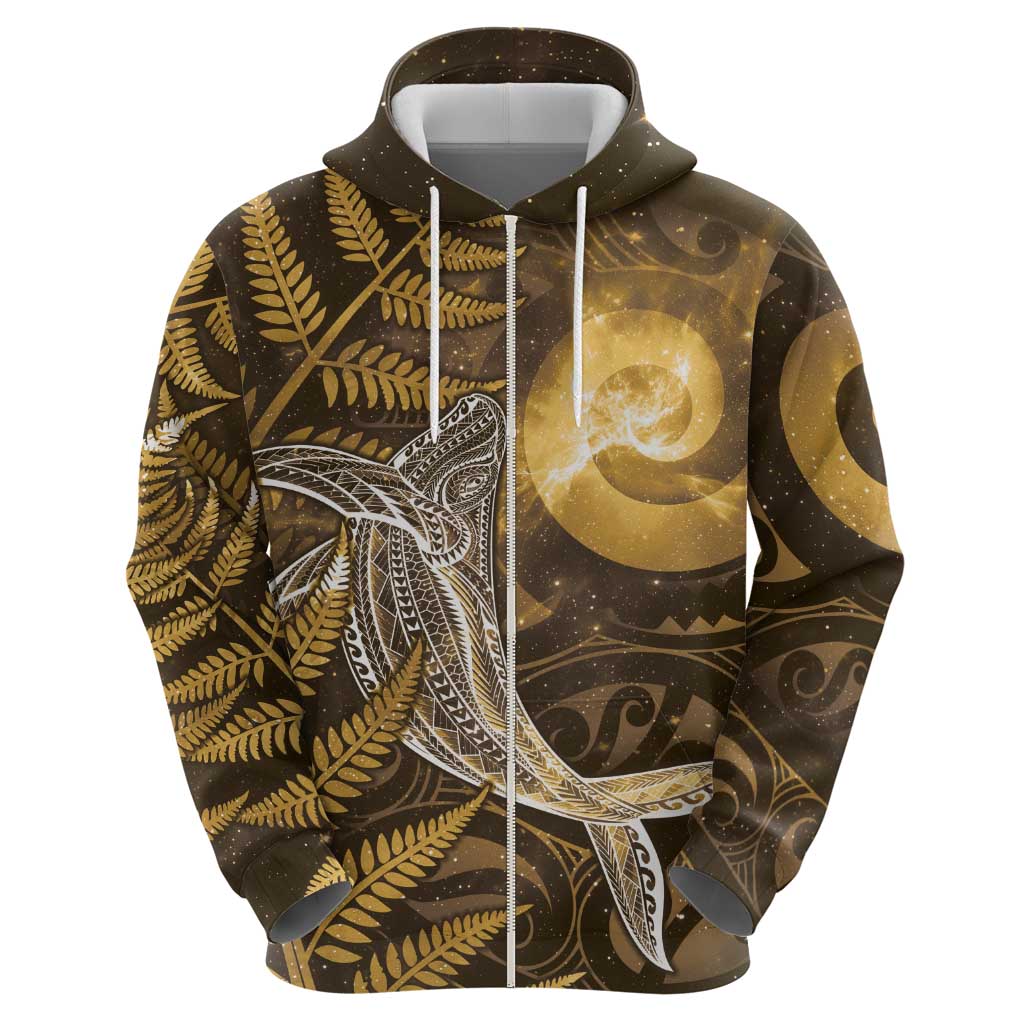 New Zealand Matariki Zip Hoodie Maori Koru With Humpback Whale Gold LT05 - Polynesian Pride