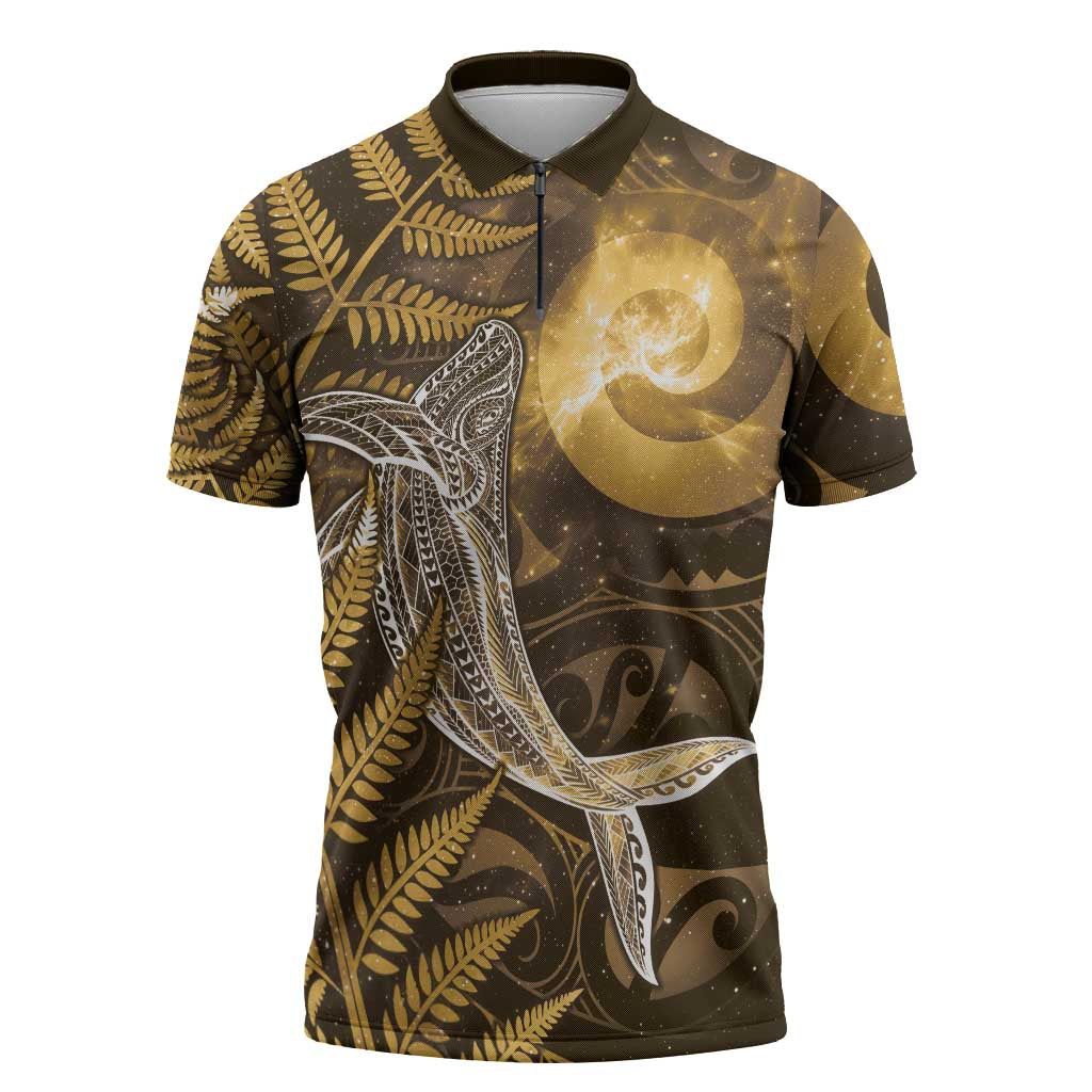 New Zealand Matariki Zipper Polo Shirt Maori Koru With Humpback Whale Gold