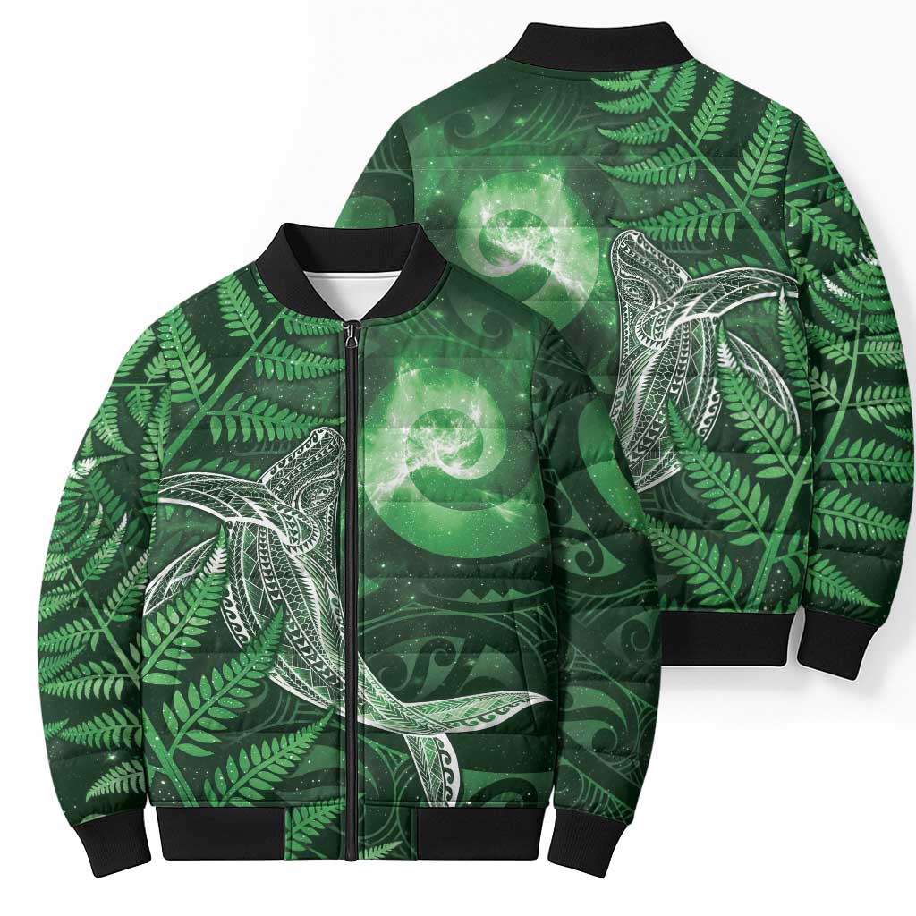 New Zealand Matariki Bomber Puffer Jacket Maori Koru With Humpback Whale Green LT05 - Polynesian Pride