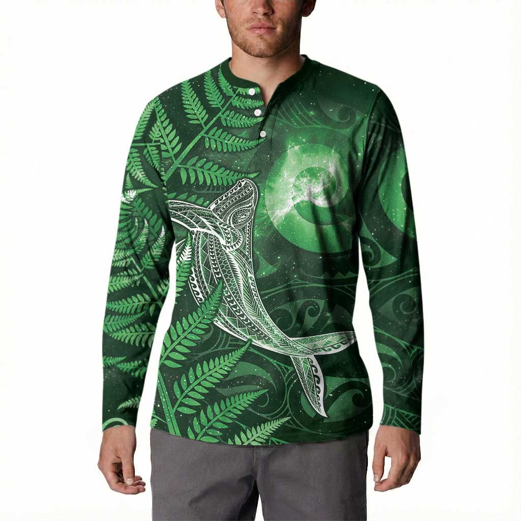 New Zealand Matariki Button Sweatshirt Maori Koru With Humpback Whale Green LT05 - Polynesian Pride